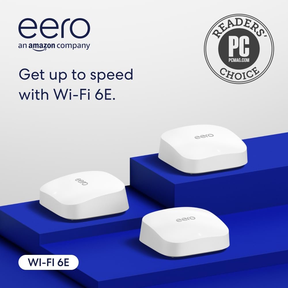 Amazon eero Pro 6E mesh wifi system – Supports internet plans up to 2.5 Gbps, Coverage up to 6,000 sq. ft., Connect 100+ devices, 3-pack