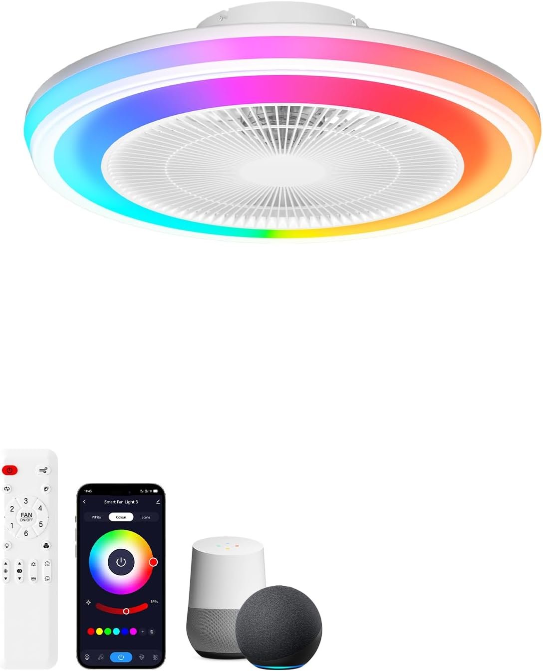 Smart RGB Ceiling Fans with Lights and Remote，20″ Low Profile Ceiling Fan with Light ,6-Speed Wind & Dimmable LED,1000+RGB Ambient Light ,Flush Mount Ceiling Fan Compatible with Alexa and Google Home