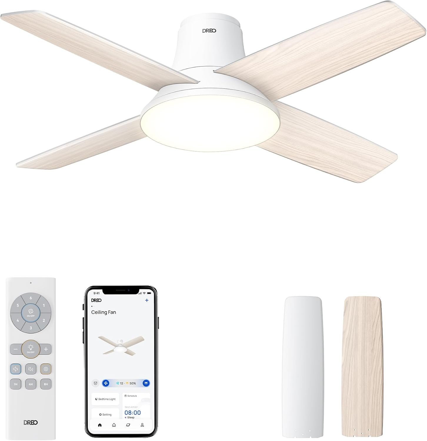 Dreo Ceiling Fans with Lights, 12 Speeds & 3 Fan Modes, Quiet DC Motor, Low Profile Easy to Install, Flush Mount Smart Ceiling Fan with Dimmable LED, 12H Timer for Bedroom, Remote, White, 44”