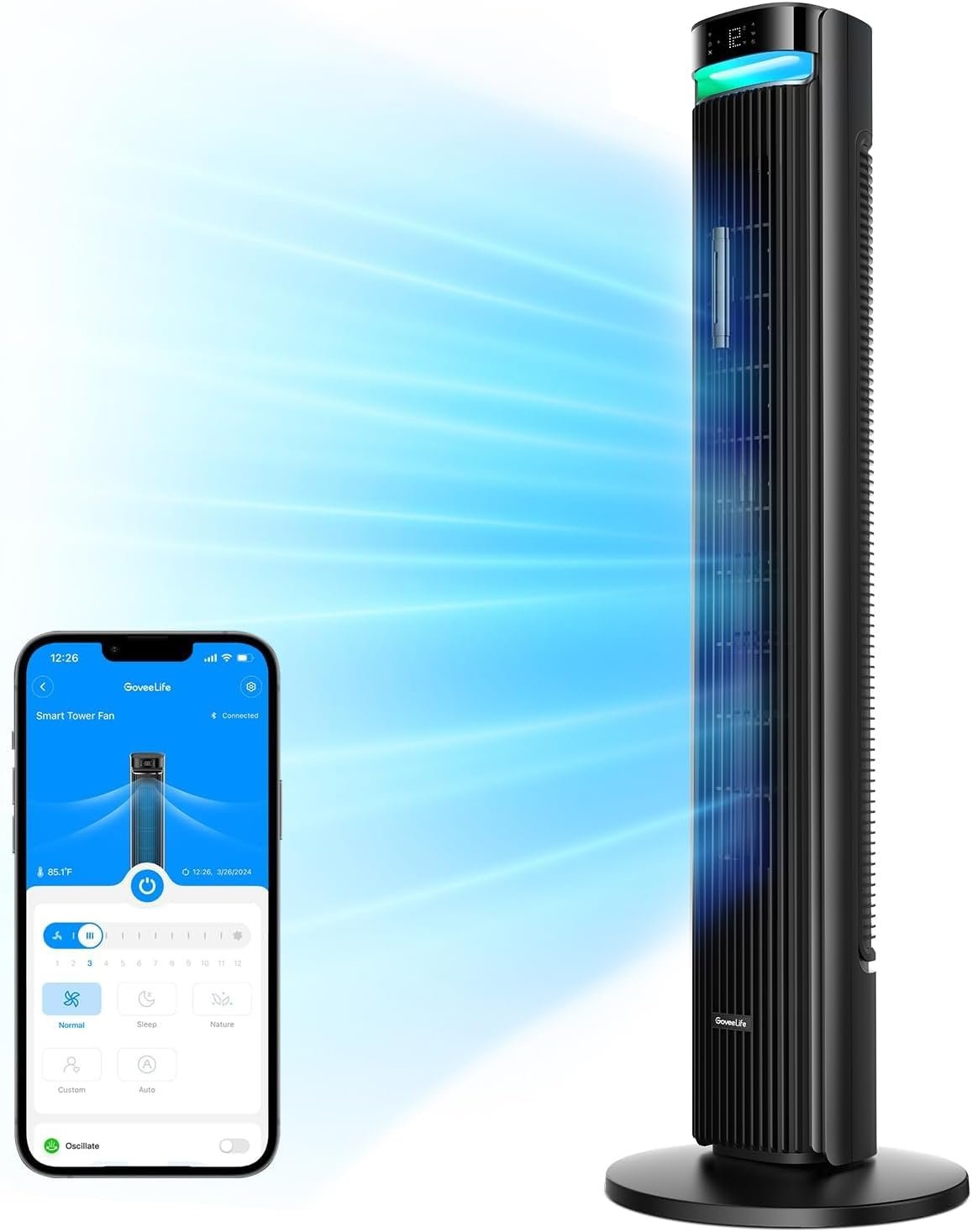 GoveeLife 42” Tower Fan for Bedroom, Smart Floor Fans with 150° Adjustable Oscillating, APP & Voice Control, 5 Modes 12 Speeds up to 26ft/s, 24H Timer, 27dB Quiet Fan for Cooling Home Office Black