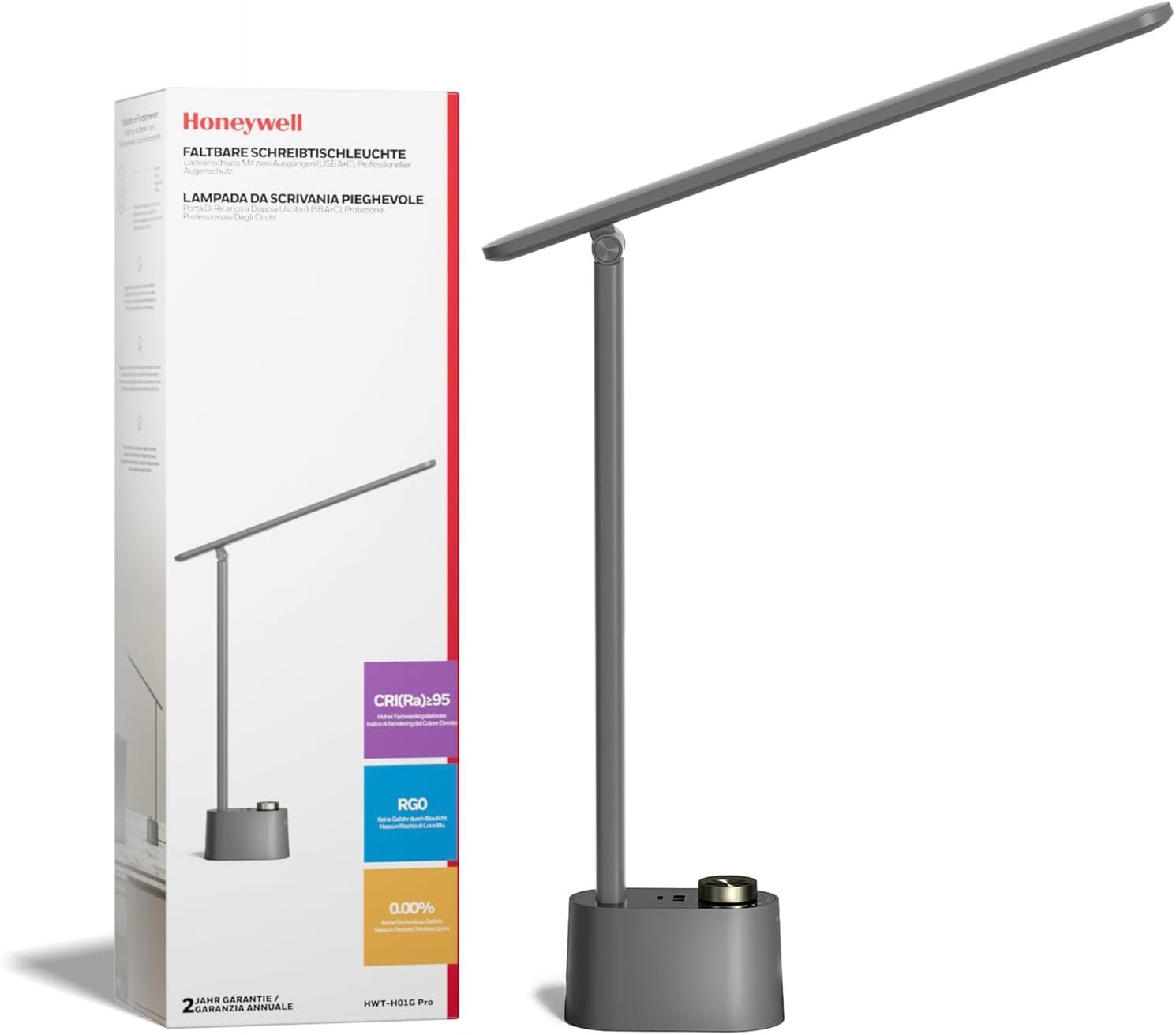 Honeywell Upgraded LED Desk Lamp – H01 Pro Sunturalux™ Foldable Desk Light with USB A+C Charging Port, 3 Color Modes Dimmable Table Lamp for Home Office Reading(Grey)