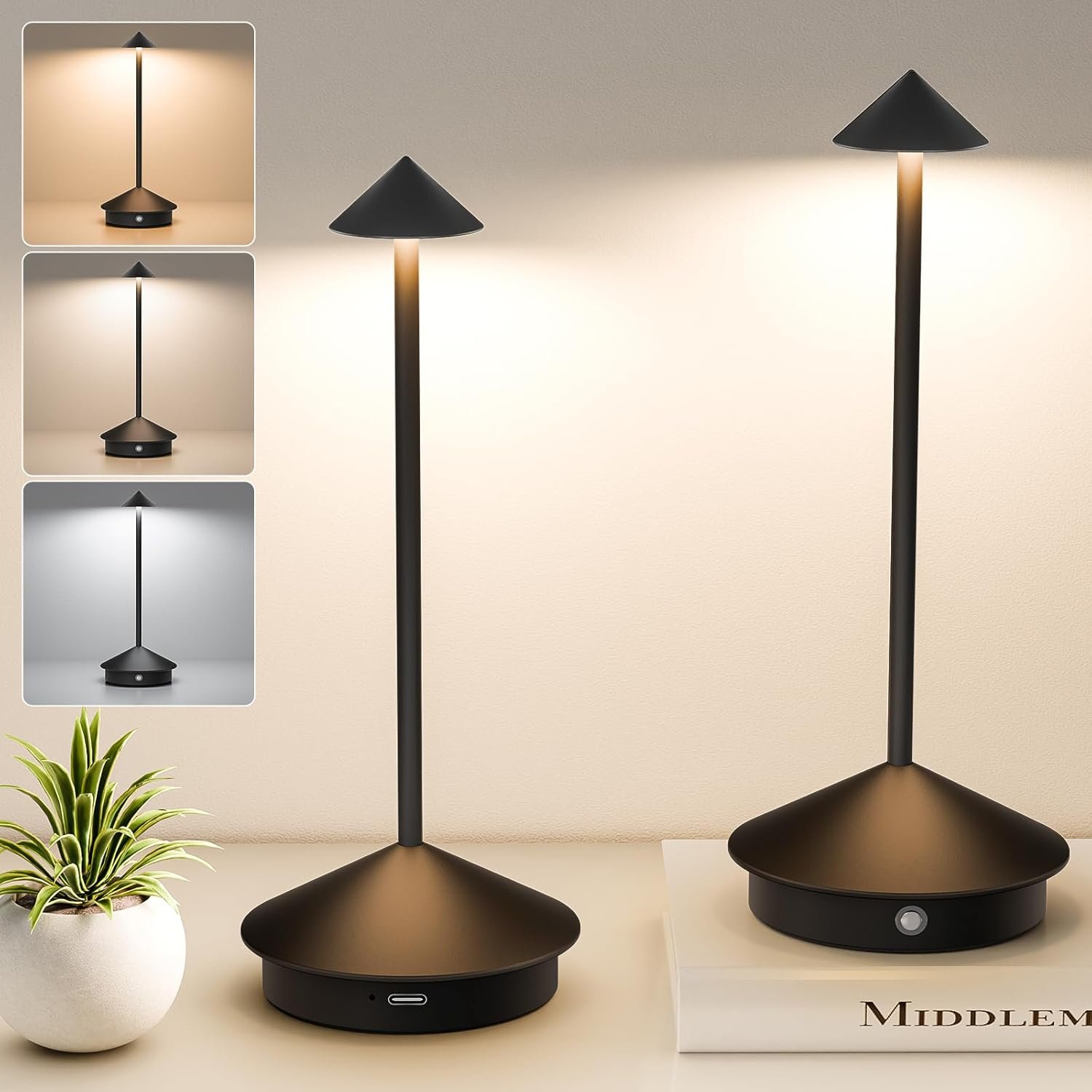 2 Pack Cordless Table Lamp, 6000mAh Rechargeable Battery Operated Desk Lamp, Portable Table Light,3 Color Stepless Dimming Up,for Restaurant, Bedroom, Patio，Outdoor Camping, Coffee Shop, Night Light