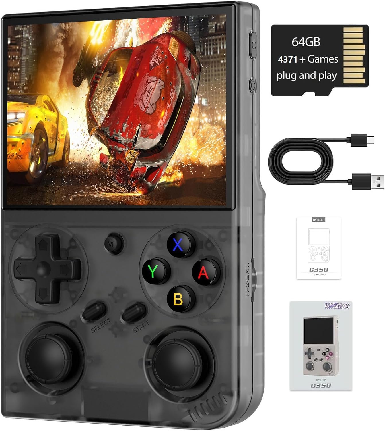 G350 Retro Handheld Game Console , 3.5 Inch IPS Screen Linux System Built-in 64G TF Card 4371 Games Preloaded Handheld Game Console 3200mAh Battery(Transparent Black)