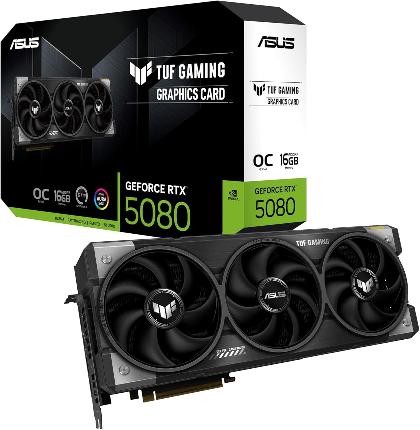 ASUS TUF Gaming GeForce RTX ™ 5080 16GB GDDR7 OC Edition Gaming Graphics Card (PCIe® 5.0, HDMI®/DP 2.1, 3.6-Slot, Military-Grade Components, Protective PCB Coating, axial-tech Fans, Vapor Chamber)