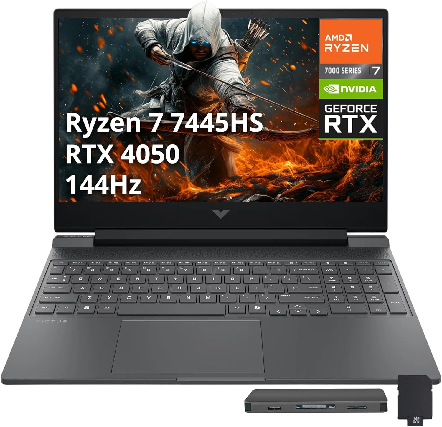 HP Victus 15.6″ FHD 144Hz Gaming Laptop, AMD Ryzen 7 7445HS, NVIDIA GeForce RTX 4050, 32GB DDR5, 1TB PCIe SSD, Backlit Keyboard, Copilot, Wi-Fi 6, Windows 11, Mica Silver, 1TB Docking Station Set